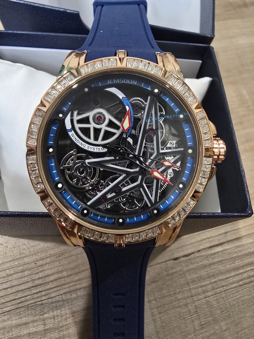 Blue Skeleton Dial Men's Watch with Rose Gold Case